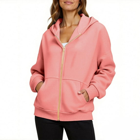 cfhntfmh Women's Lightweight Hoodies Full Zip up Oversized Sweatshirts with Pockets Long Sleeve Fleece Lined Casual Hooded Jackets(Watermelon Red,XX-Large)