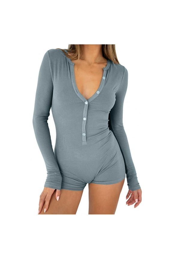 Women's Long Sleeve Pajama Rompers V Neck Button down Ribbed Stretchy Shorts Bodysuit Jumpsuit Overall
