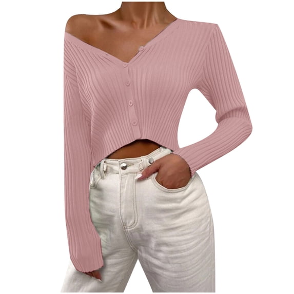 cfhntfmh Women's Long Sleeve Ribbed Knit Pullover V Neck Basic Sweater Button down Casual Slim Fit Tunic Tops(Pink,3X-Large)