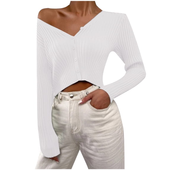 cfhntfmh Women's Long Sleeve Ribbed Knit Pullover V Neck Basic Sweater Button down Casual Slim Fit Tunic Tops(White,X-Large)