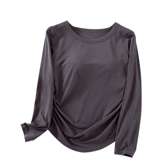 cfhntfmh Women's Long Sleeve Shirts Thermal Tops Crew Neck Built in Bra Cold Weather Fit Warm Base Layer Outfits Sleepwear（Dark Gray,Small)