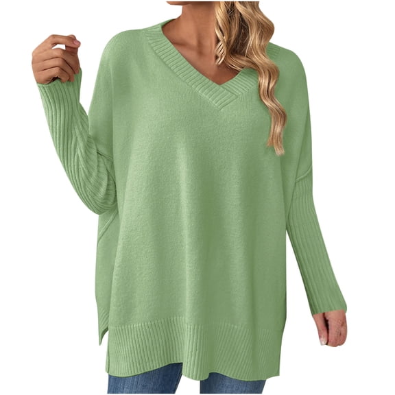cfhntfmh Women's Oversized Sweaters Fall Outfits Trendy V Neck Knit Side Slit Fashion Pullover Tops Casual Loose Sweaters（Green,Small)