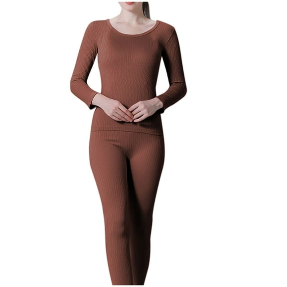 XuJwPNcy Women's Pajama Set Long Sleeve Crew Neck Shirt with Legging Bottom 2 Piece Matching Outfits Sleepwear(Brown,Free Size)