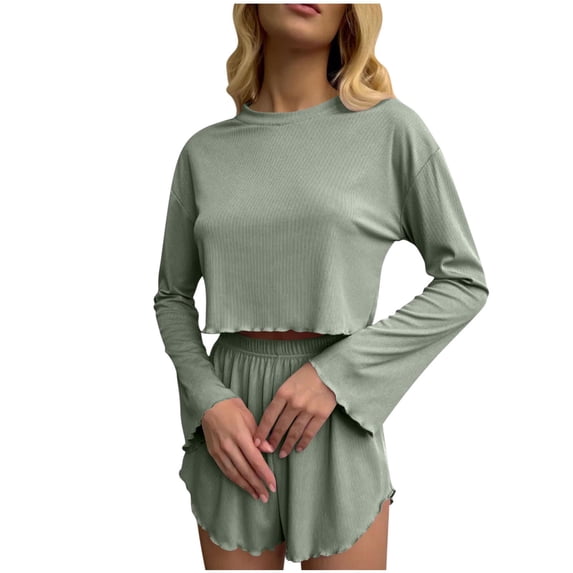 cfhntfmh Women's Pajama Set Ruffle Sleeves Top with Shorts Soft 2 Piece Loungewear Set Summer Fall Trendy Lounge Pj Sets