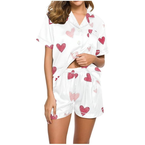cfhntfmh Women's Pajamas Set Heart Print Button down Short Sleeve Shirt with Shorts Sleepwear Pjs Set Loungewear