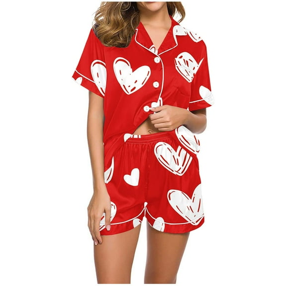 cfhntfmh Women's Pajamas Set Heart Print Button down Short Sleeve Shirt with Shorts Sleepwear Pjs Set Loungewear