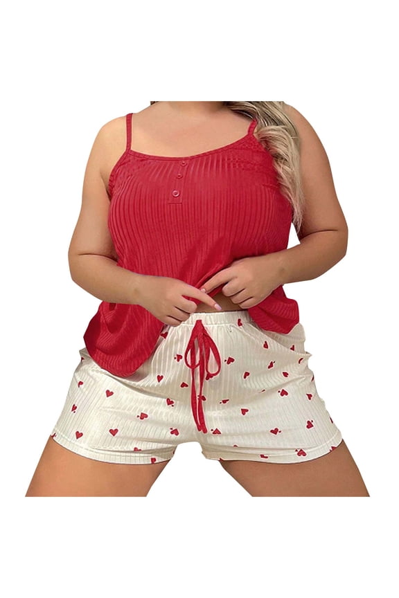 Women's Plus Size Pajamas Sets Cami Top and Shorts Set 2 Piece Heart Print Loungewear Pjs Sleepwear with Drawstring