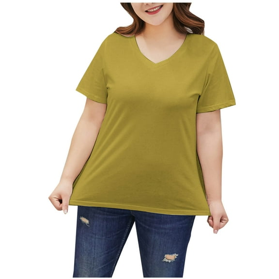 cfhntfmh Women's Plus Size V Neck T Shirts Summer Short Sleeve Tees Casual Loose Fit Cotton Oversized Tops Solid Color Vacation Clothes