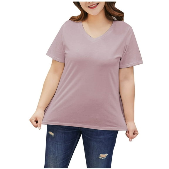 cfhntfmh Women's Plus Size V Neck T Shirts Summer Short Sleeve Tees Casual Loose Fit Cotton Oversized Tops Solid Color Vacation Clothes
