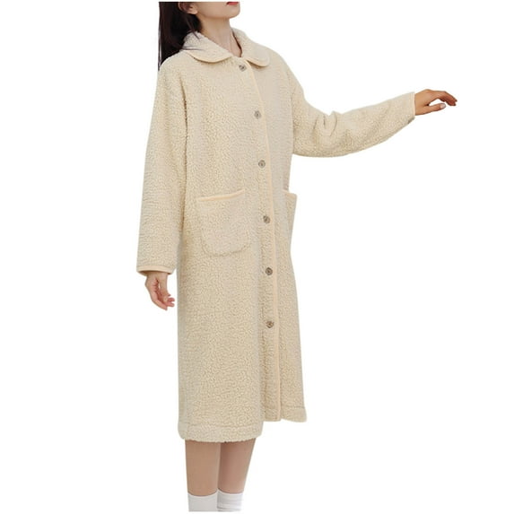 cfhntfmh Women's Plush Mid Robe Soft Bathrobe Warm Long Sleeve Button up Fuzzy Fleece Bath Robe with Pockets for Fall Winter(Beige,X-Large)