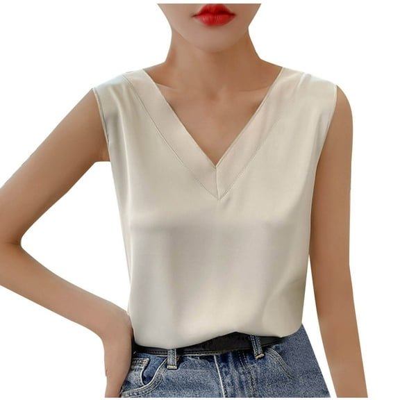 cfhntfmh Women's Satin Tank Tops Dressy Casual V Neck Summer Sleeveless Silk Blouse Shirts Trendy Camisole