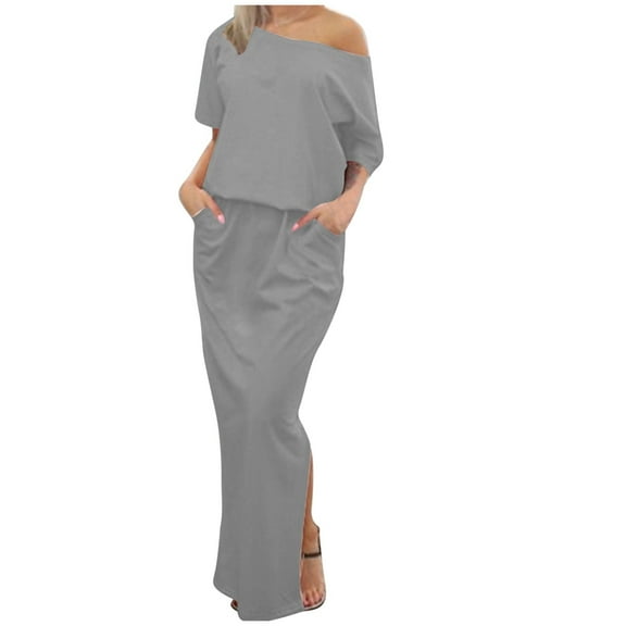 cfhntfmh Women's Short Sleeve Maxi Dress with Pockets Split Casual Loose Elastic Waist Long Summer Beach Sundress