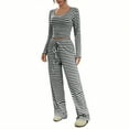 thumbnail image 1 of cfhntfmh Women's Striped Pajama Set Knitted Long Sleeve Crop Top and Long Pants 2 Piece Fall Sleepwear Winter Warm Pjs Sets, 1 of 7