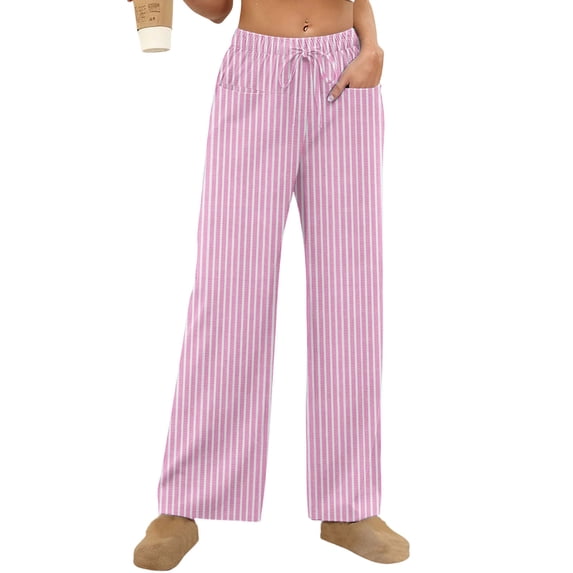 cfhntfmh Women's Striped Pants Spring Pajama Lounge Boxer Pants Casual Wide Leg Drawstring Summer Pj Bottoms Trousers