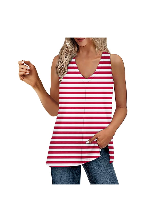 Women's Striped Tank Tops Summer Spring Sleeveless Tank Trendy Casual V Neck Loose Basic Side Split Cami Tops