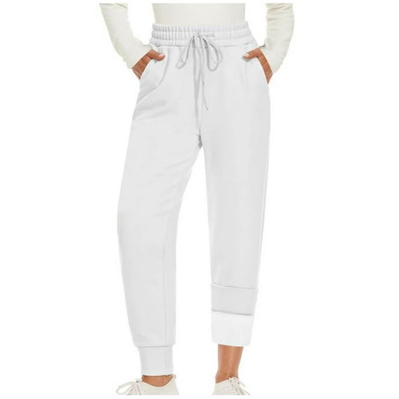 cfhntfmh Women's Sweatpants Fleece Lined Winter Joggers Straight Leg Warm Trousers Solid Color Athletic Pants with Pockets(White,Medium)