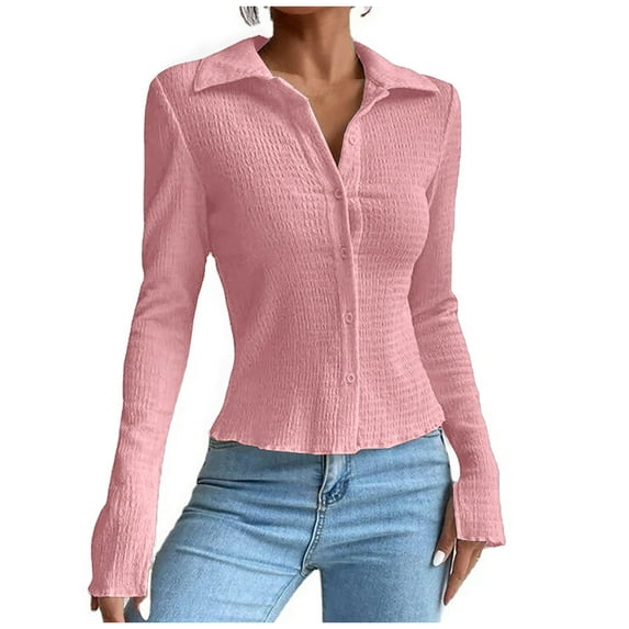 cfhntfmh Women's Tops Casual Long Sleeve Lapel Collar Solid Color Smocked Slim Fitted Blouse Button Down Shirt Tunics for Women Womens Clothes