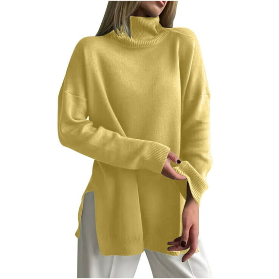 cfhntfmh Women's Turtleneck Sweaters Trendy Solid Color Pullover Casual Long Sleeve Soft Comfy Oversized Split Hem Sweaters