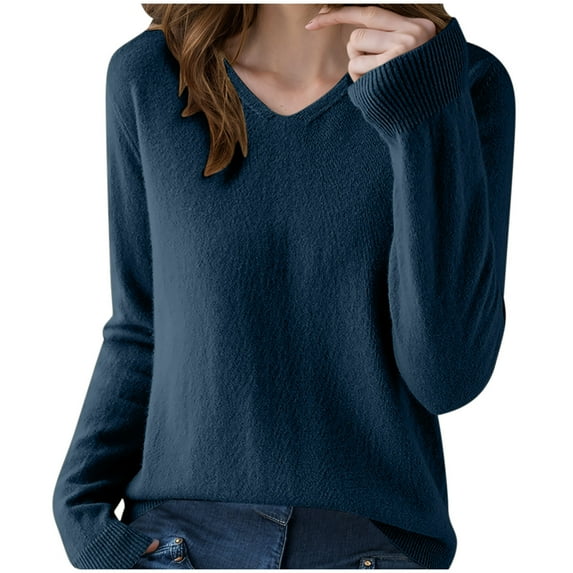 cfhntfmh Women's V Neck Sweaters Casual Long Sleeve Soft Comfy Pullover Knit Shirts Tops Basic Trendy Winter Warm Clothes