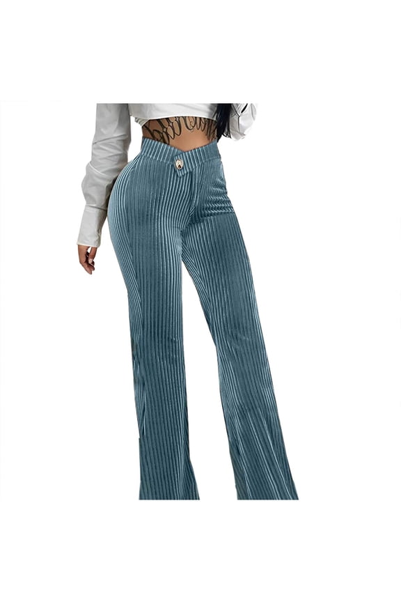 Women's Velvet Flare Leg Pants High Waist Palazzo Long Trousers Ribbed Stretchy Slim Bell Bottom Velour Pants