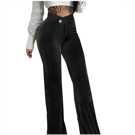 cfhntfmh Women's Velvet Flare Leg Pants High Waist Palazzo Long Trousers Ribbed Stretchy Slim Bell Bottom Velour Pants