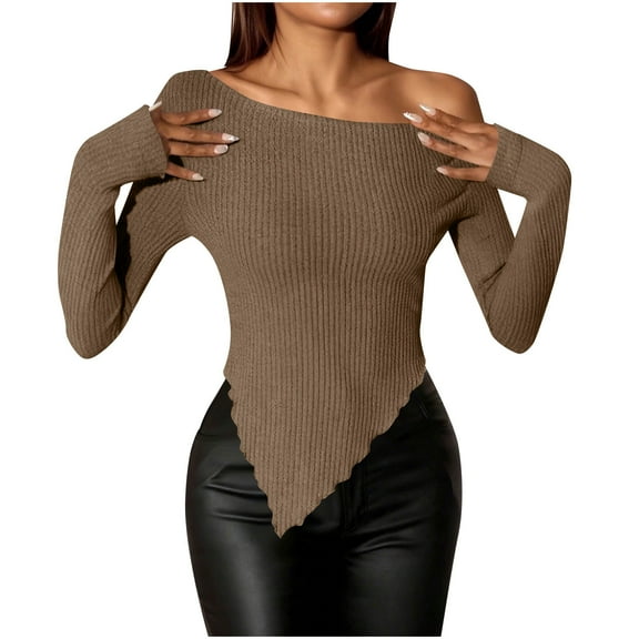 cfhntfmh Women's off the Shoulder Tops Trendy Long Sleeve Ribbed Knit Asymmetrical Going out Tops Slim Fit Tee Shirts