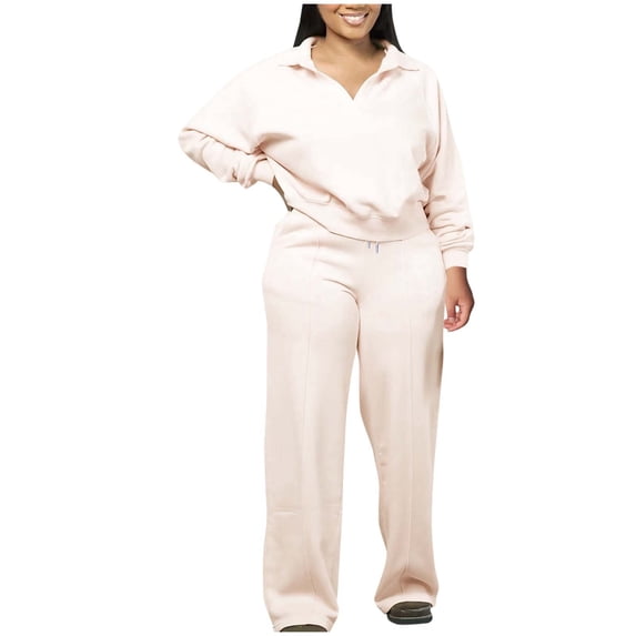cfhntfmh Womens 2 Piece Outfits Casual Collared Sweatshirts Wide Leg Drawstring Pants Loose Comfy Lounge Set