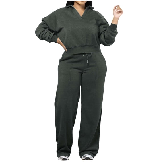 cfhntfmh Womens 2 Piece Outfits Casual Collared Sweatshirts Wide Leg Drawstring Pants Loose Comfy Lounge Set