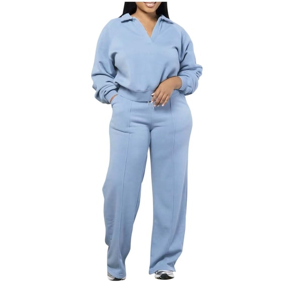 cfhntfmh Womens 2 Piece Outfits Casual Collared Sweatshirts Wide Leg Drawstring Pants Loose Comfy Lounge Set