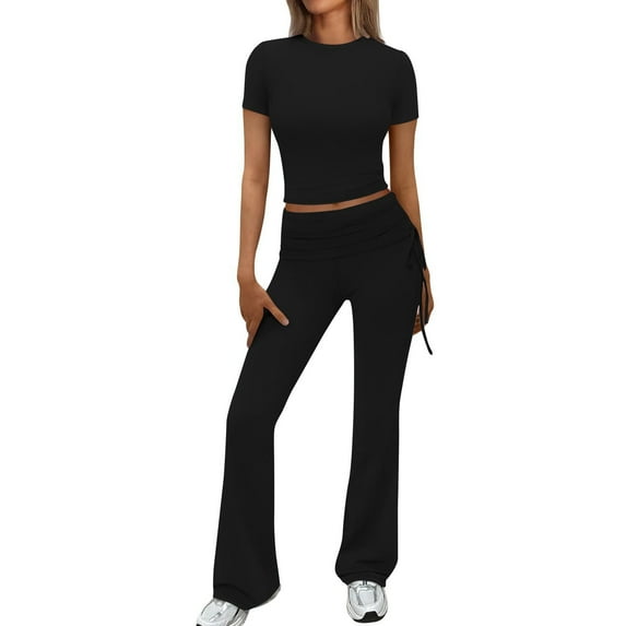 cfhntfmh Womens 2 Piece Outfits Lounge Sets Summer Slim Short Sleeve Cropped Tops Drawstring Bootcut Pants Tracksuits