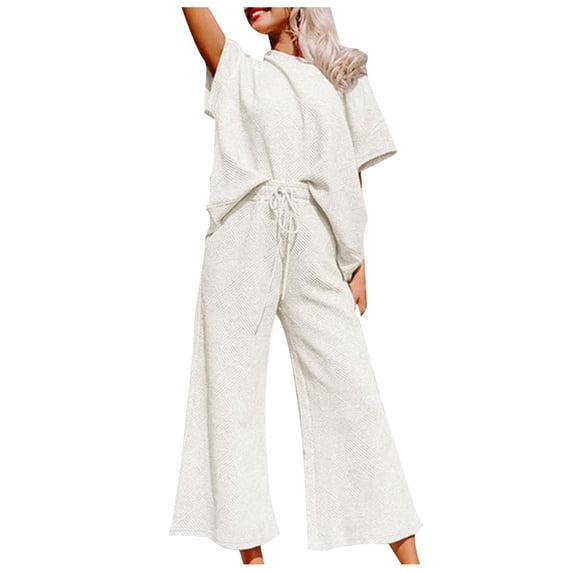 cfhntfmh Womens 2 Piece Outfits Short Sleeve Tops with Cropped Wide Leg Pants Lounge Matching Sets Tracksuits with Pockets