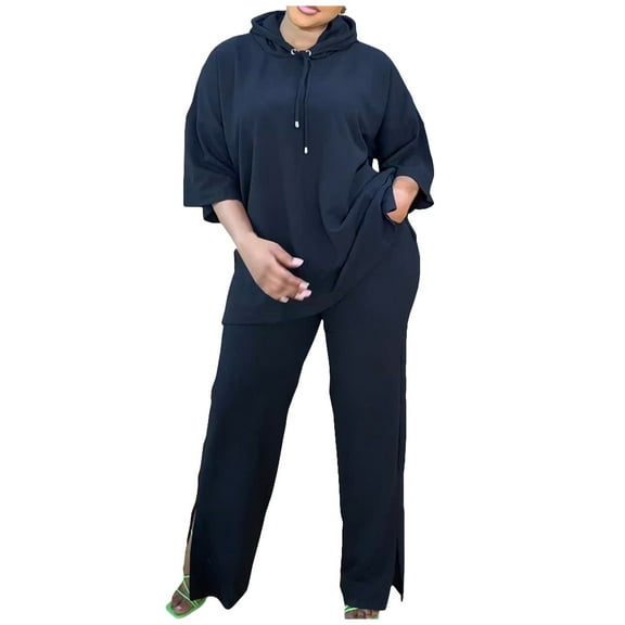 cfhntfmh Womens 2 Piece Outfits Sweatsuit Fashion 3/4 Sleeve Oversized Hoodies Comfy Loose Straight Leg Pants Lounge Sets
