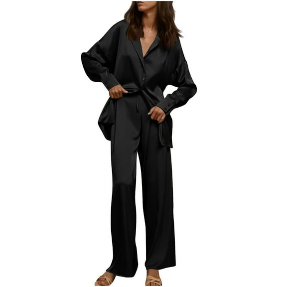 cfhntfmh Womens 2 Piece Pajama Sets Lounge Long Sleeve Collared Buttons down Shirts Sleepwear Baggy Long Pants Sets