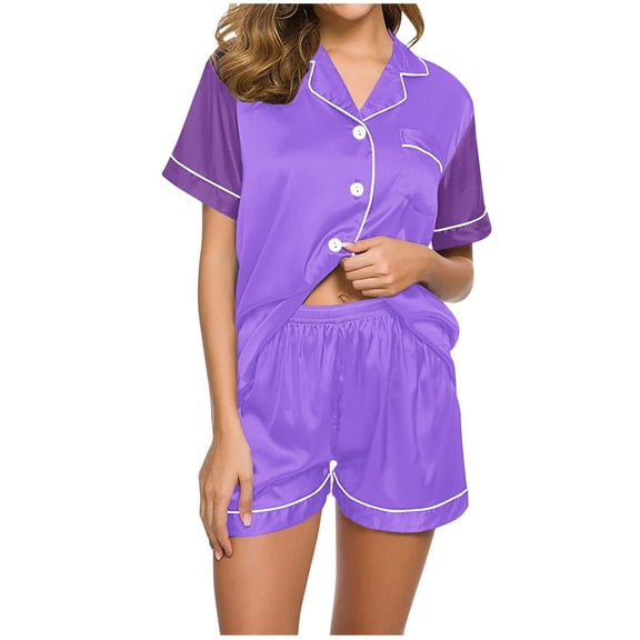 cfhntfmh Womens 2 Piece Pajama Sets Short Sleeve Color Block Buttons down Shirts Loose Shorts Sleepwear Pjs Sets with Pockets