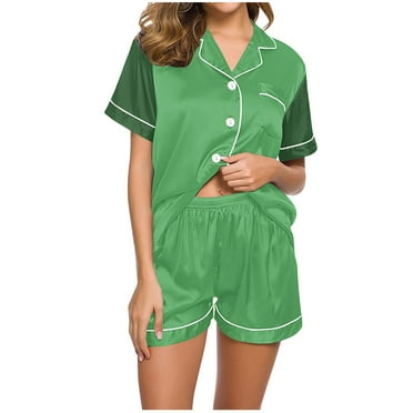 cfhntfmh Womens 2 Piece Pajama Sets Short Sleeve Color Block Buttons down Shirts Loose Shorts Sleepwear Pjs Sets with Pockets