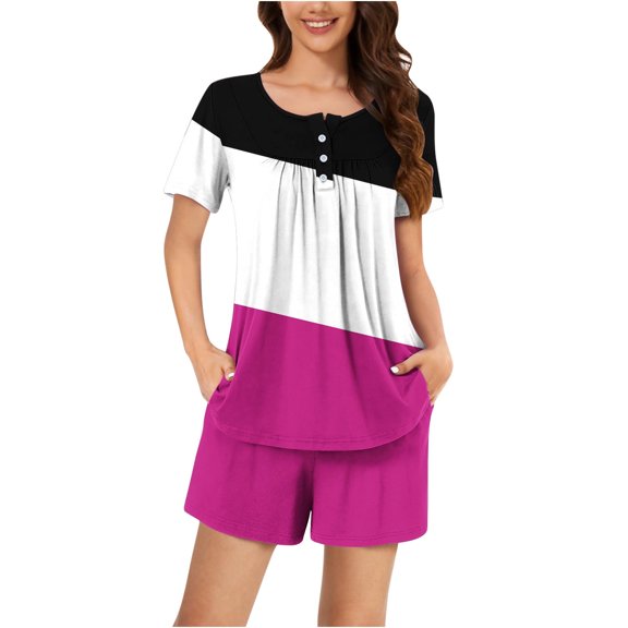 cfhntfmh Womens 2 Piece Pajama Sets Short Sleeve Fashion Color Block Pleated Buttons Tunic Shirts Casual Shorts Sleepwear Sets