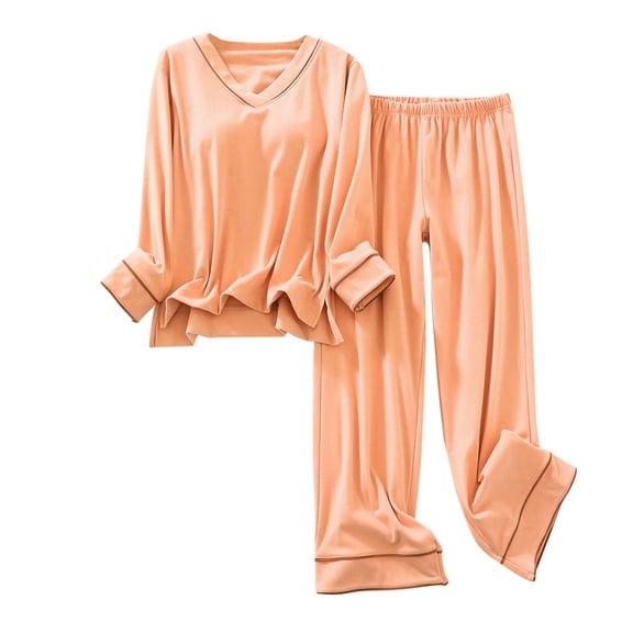 cfhntfmh Womens 2 Piece Pajama Sets Soft Long Sleeve V Neck Winter Tops Warm Comfy Wide Straight Leg Pants Sleepwear Sets