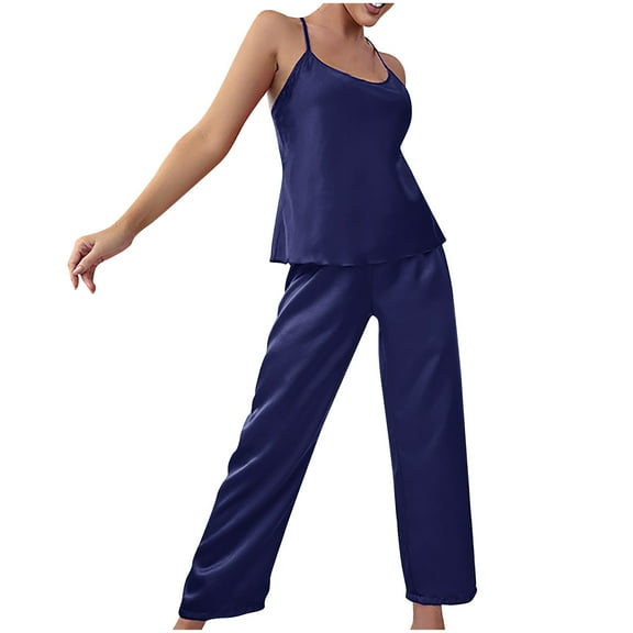 cfhntfmh Womens 2 Piece Pajama Sets Soft Stretch Sleeveless Spaghetti Strap Tank Tops Lounge Pants Sleepwear Pjs Sets