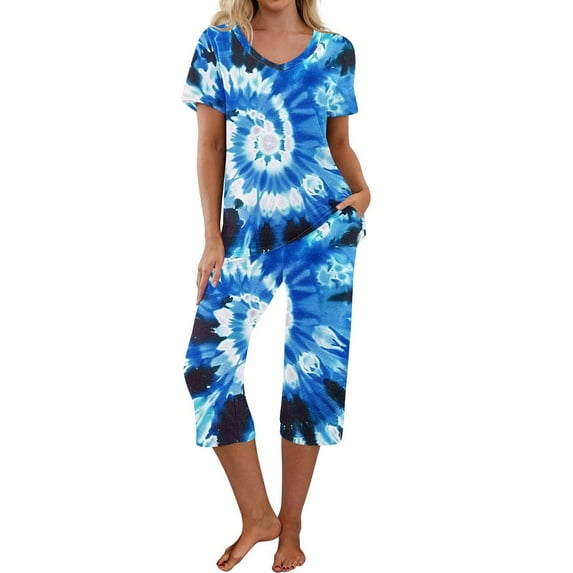 cfhntfmh Womens 2 Piece Pajama Sets Trendy Tie-Dye Round Neck Short Sleeve T-Shirts Capri Pants Loungewear Sleepwear Pjs Sets