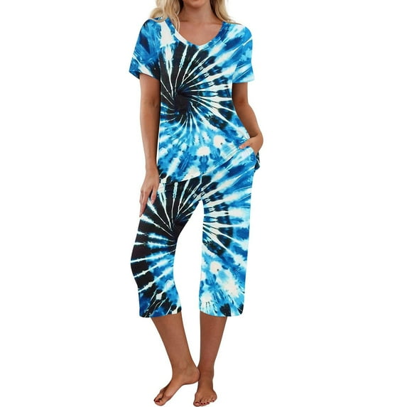 cfhntfmh Womens 2 Piece Pajama Sets Trendy Tie-Dye Round Neck Short Sleeve T-Shirts Capri Pants Loungewear Sleepwear Pjs Sets