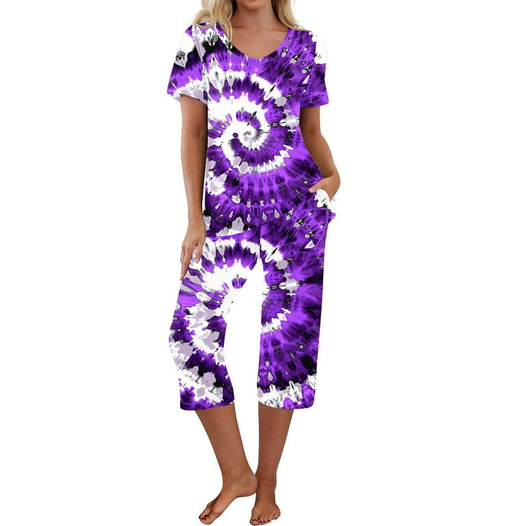 cfhntfmh Womens Piece Pajama Sets Trendy Tie-Dye Round Neck