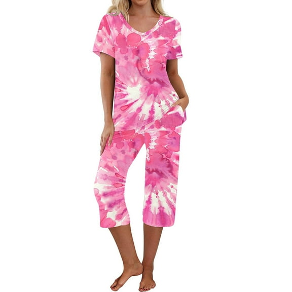 cfhntfmh Womens 2 Piece Pajama Sets Trendy Tie-Dye Round Neck Short Sleeve T-Shirts Capri Pants Loungewear Sleepwear Pjs Sets