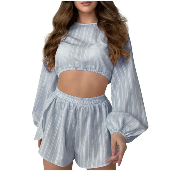 cfhntfmh Womens 2 Piece Pajamas Set Long Sleeve Cropped Top Slim Fitted Shorts Pjs Outfits Solid Color Lounge Sets Sleepwear