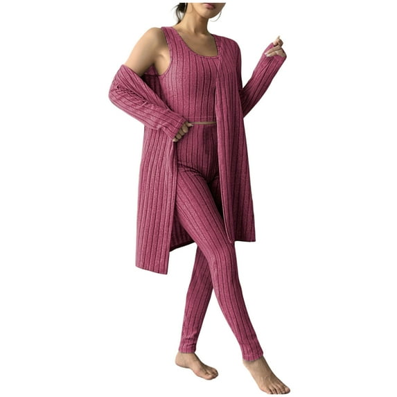 cfhntfmh Womens 3 Piece Pajama Sets Ribbed Knit Long Sleeve Cardigan with Tank Top Slim Leg Pants Outfits Loungewear Pjs Set