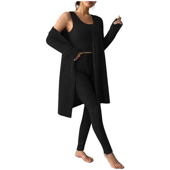 cfhntfmh Womens 3 Piece Pajama Sets Ribbed Knit Long Sleeve Cardigan with Tank Top Slim Leg Pants Outfits Loungewear Pjs Set