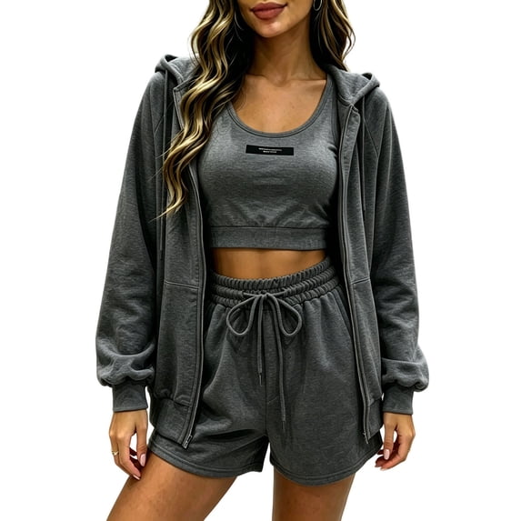 cfhntfmh Womens 3 Piece Workout Sets Zip up Hooded Jacket Athletic Bra Drawstring Sweatshorts Gym Running Outfits