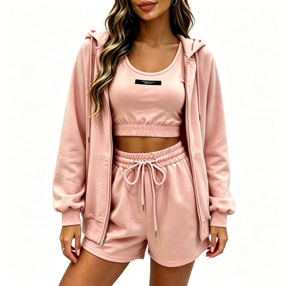 cfhntfmh Womens 3 Piece Workout Sets Zip up Hooded Jacket Athletic Bra Drawstring Sweatshorts Gym Running Outfits