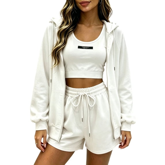 cfhntfmh Womens 3 Piece Workout Sets Zip up Hooded Jacket Athletic Bra Drawstring Sweatshorts Gym Running Outfits
