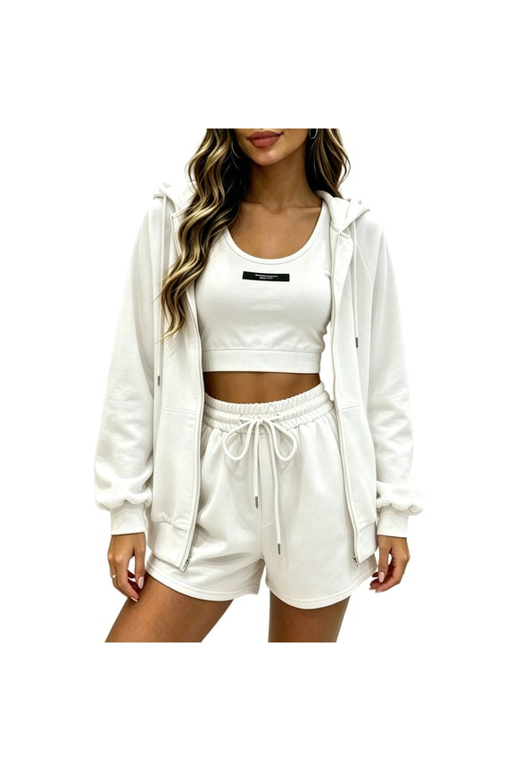 Womens 3 Piece Workout Sets Zip up Hooded Jacket Athletic Bra Drawstring Sweatshorts Gym Running Outfits