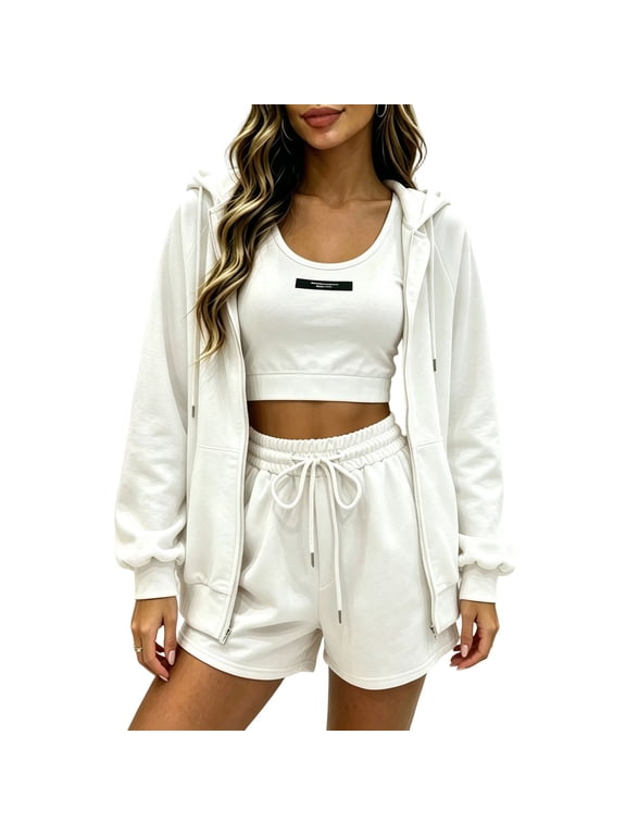 Womens 3 Piece Workout Sets Zip up Hooded Jacket Athletic Bra Drawstring Sweatshorts Gym Running Outfits
